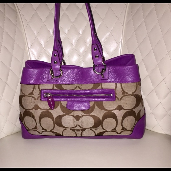 COACH Penelope Khaki Signature Purple Leather Bag - Picture 1 of 8